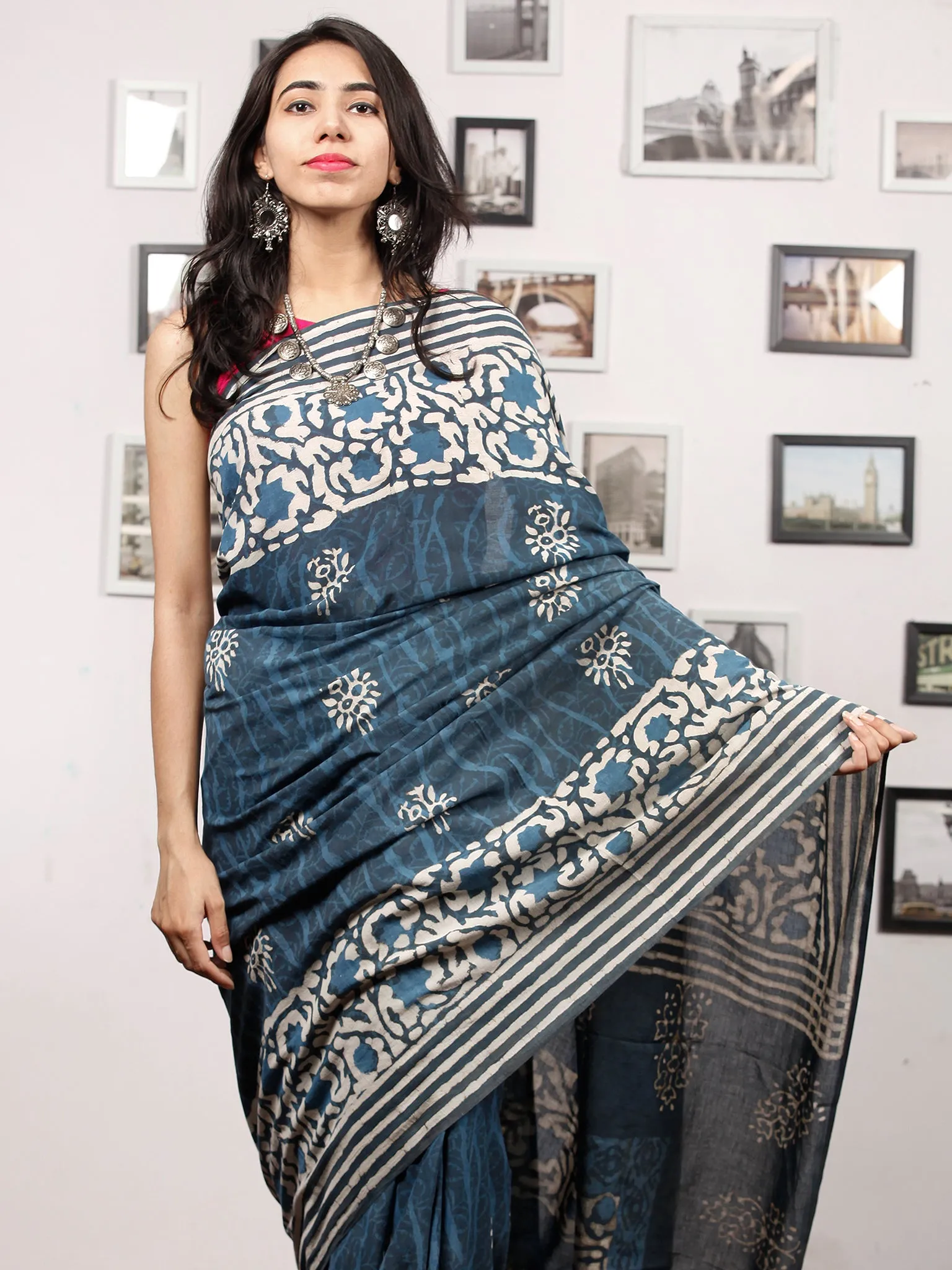 Indigo White Hand Block Printed Cotton Mul Saree - S031703484