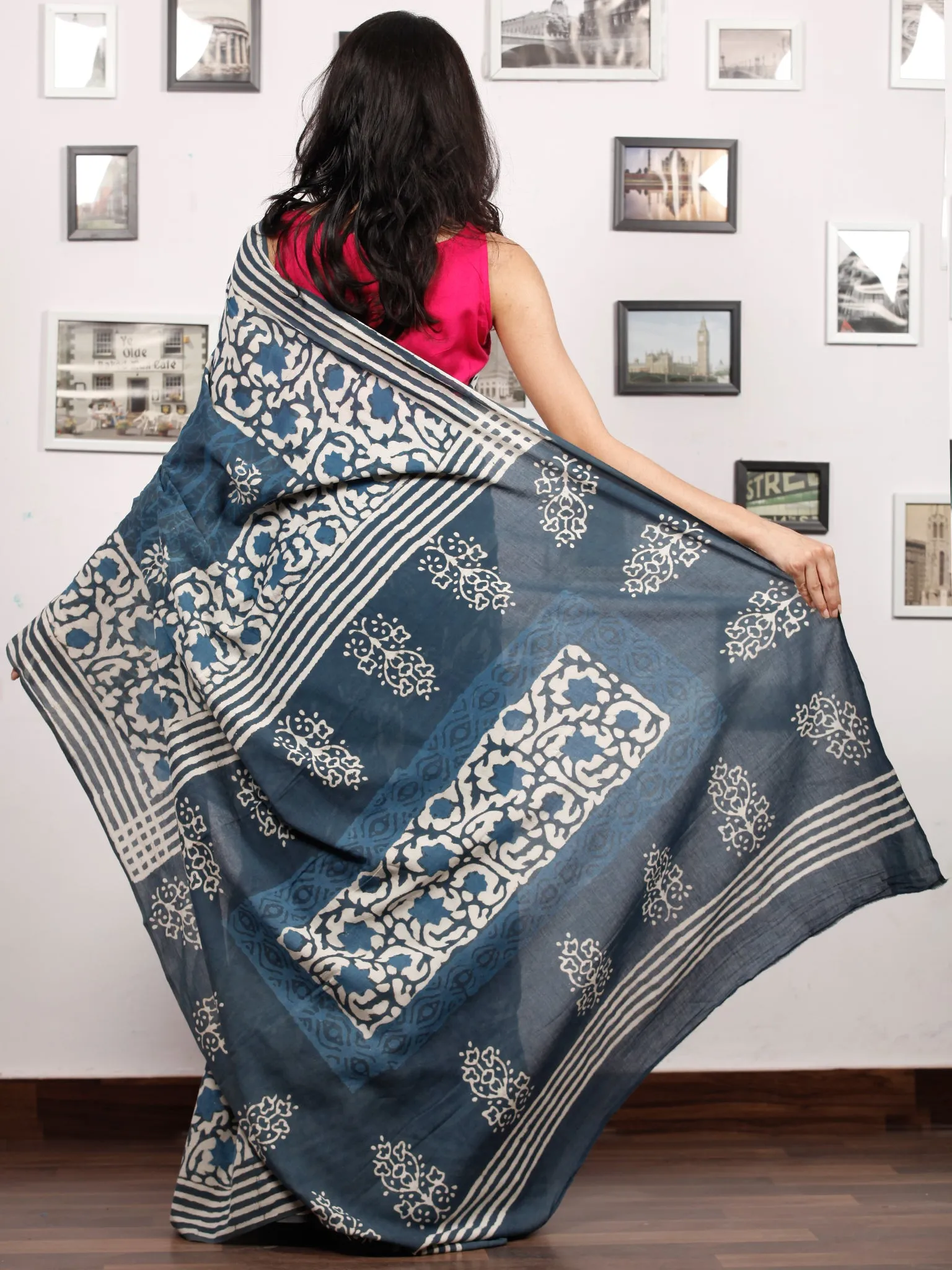 Indigo White Hand Block Printed Cotton Mul Saree - S031703484