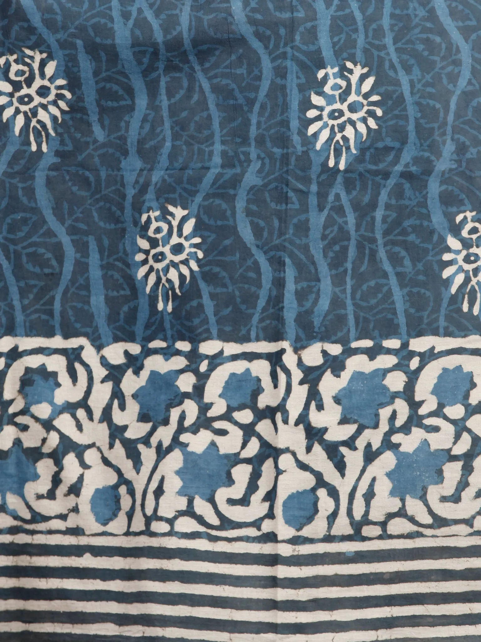 Indigo White Hand Block Printed Cotton Mul Saree - S031703484