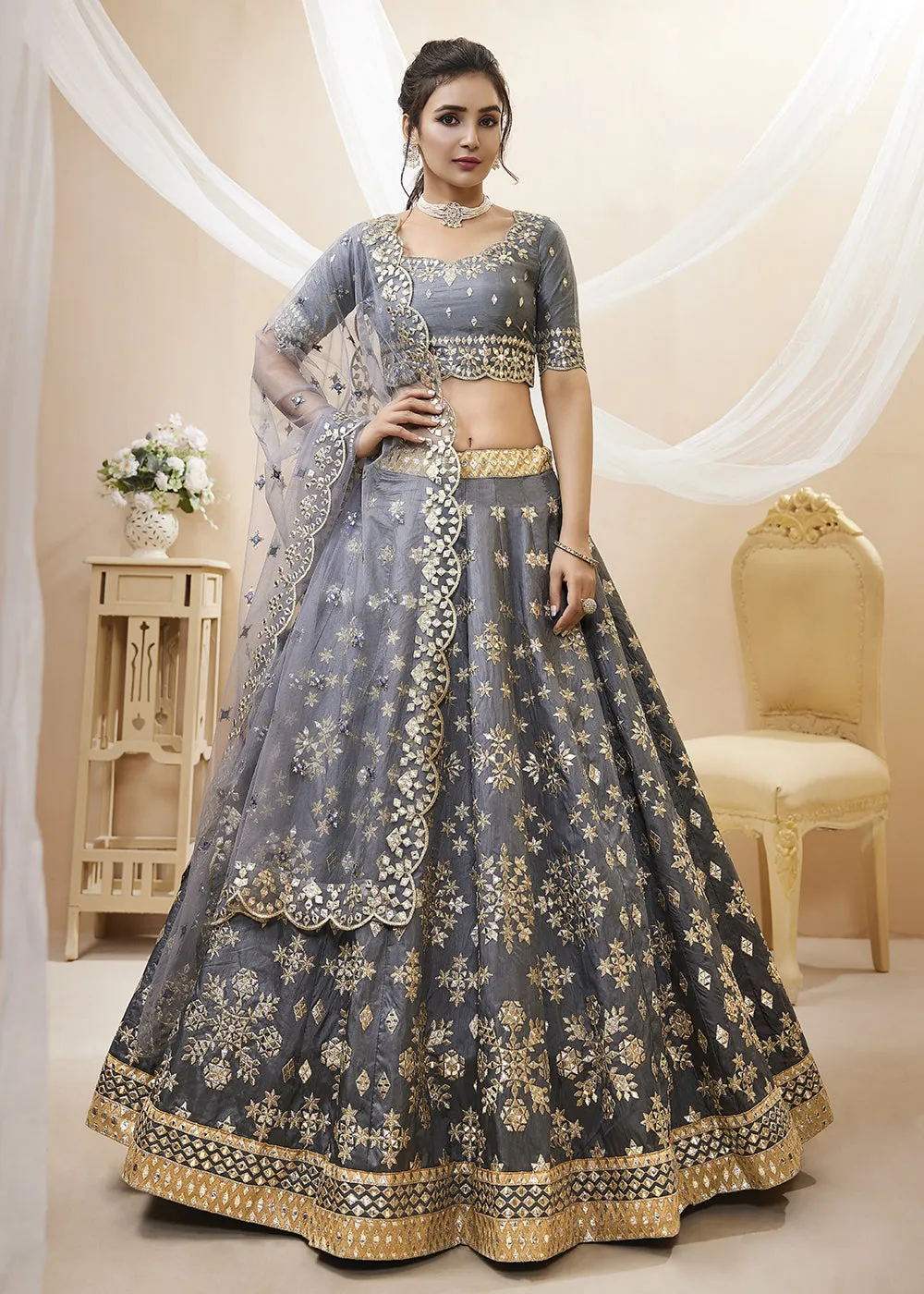 Irresistible Grey Art Silk Embroidered Reception Wear Lehenga Choli