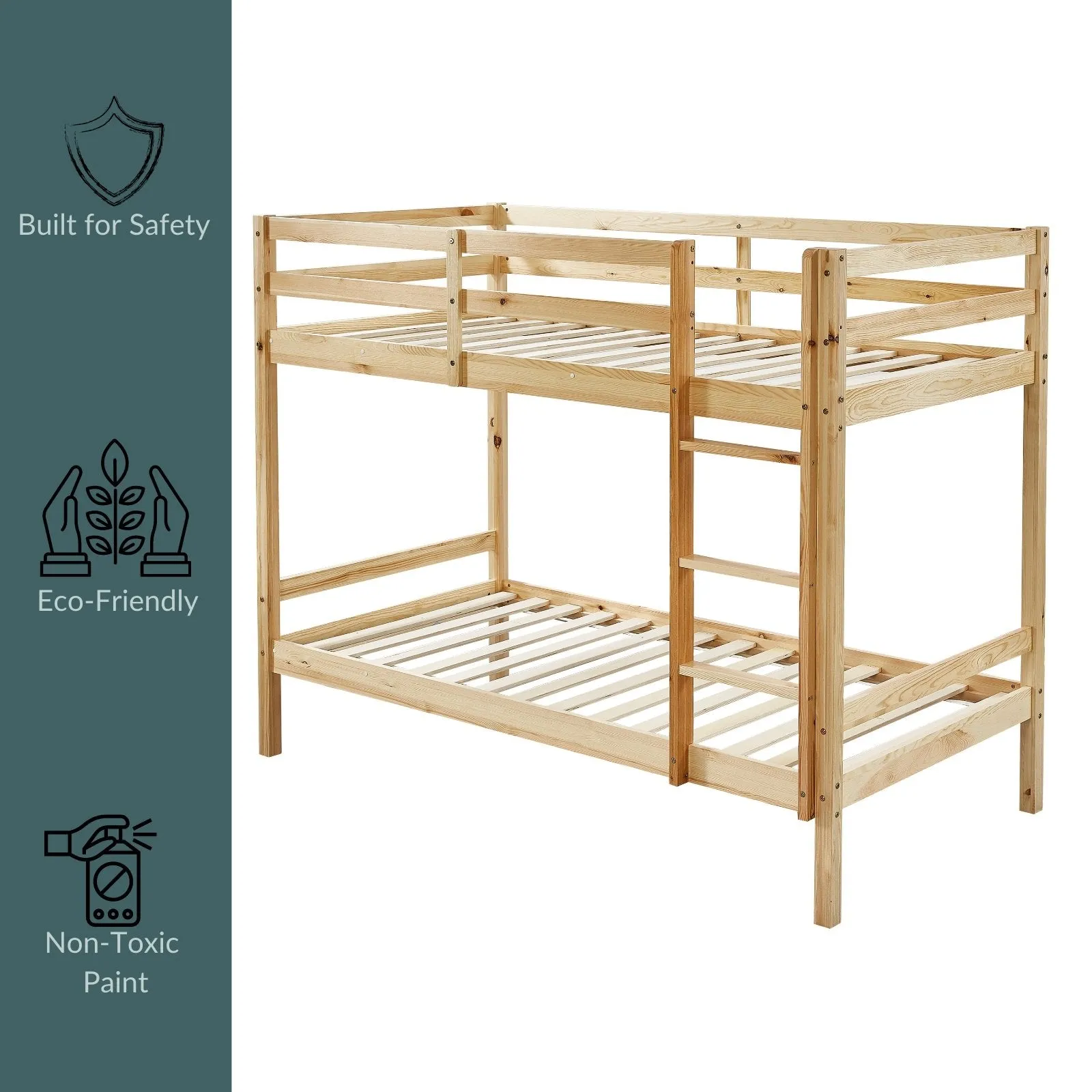 Kids Solid Pinewood Single Bunk Bed Natural