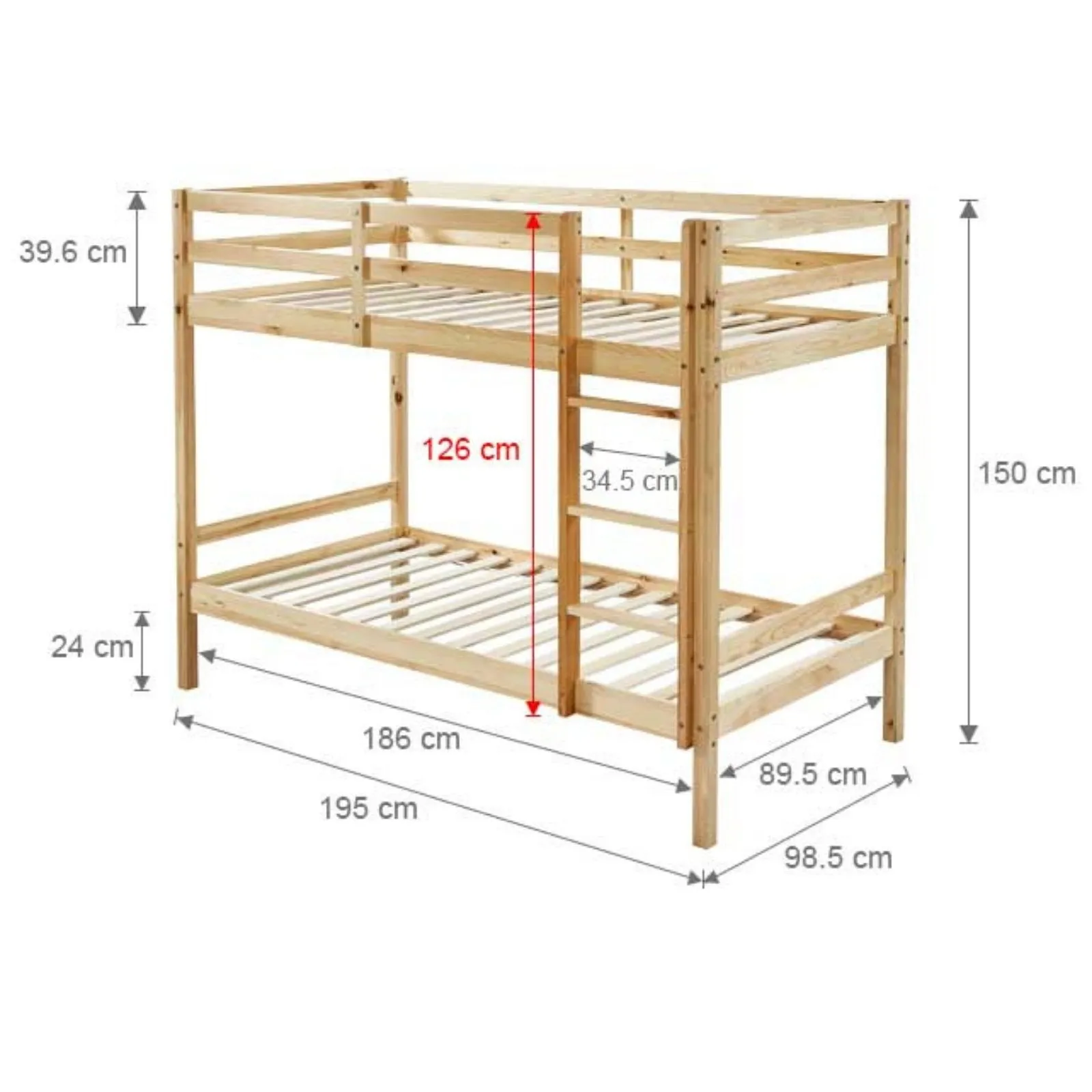 Kids Solid Pinewood Single Bunk Bed Natural