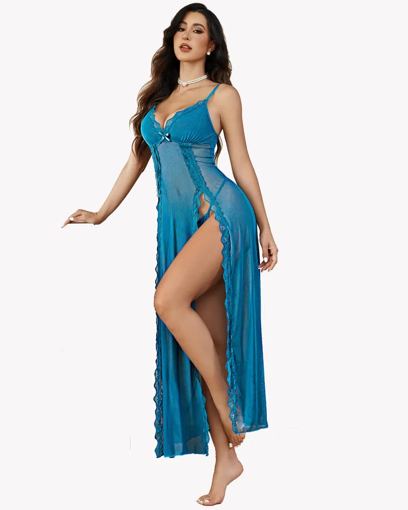 Lace Mesh Side Split Chemise Nightgown