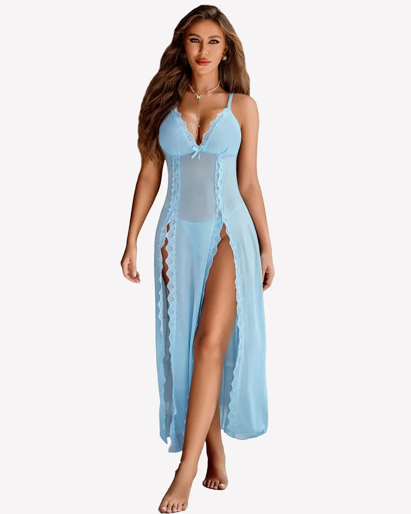 Lace Mesh Side Split Chemise Nightgown