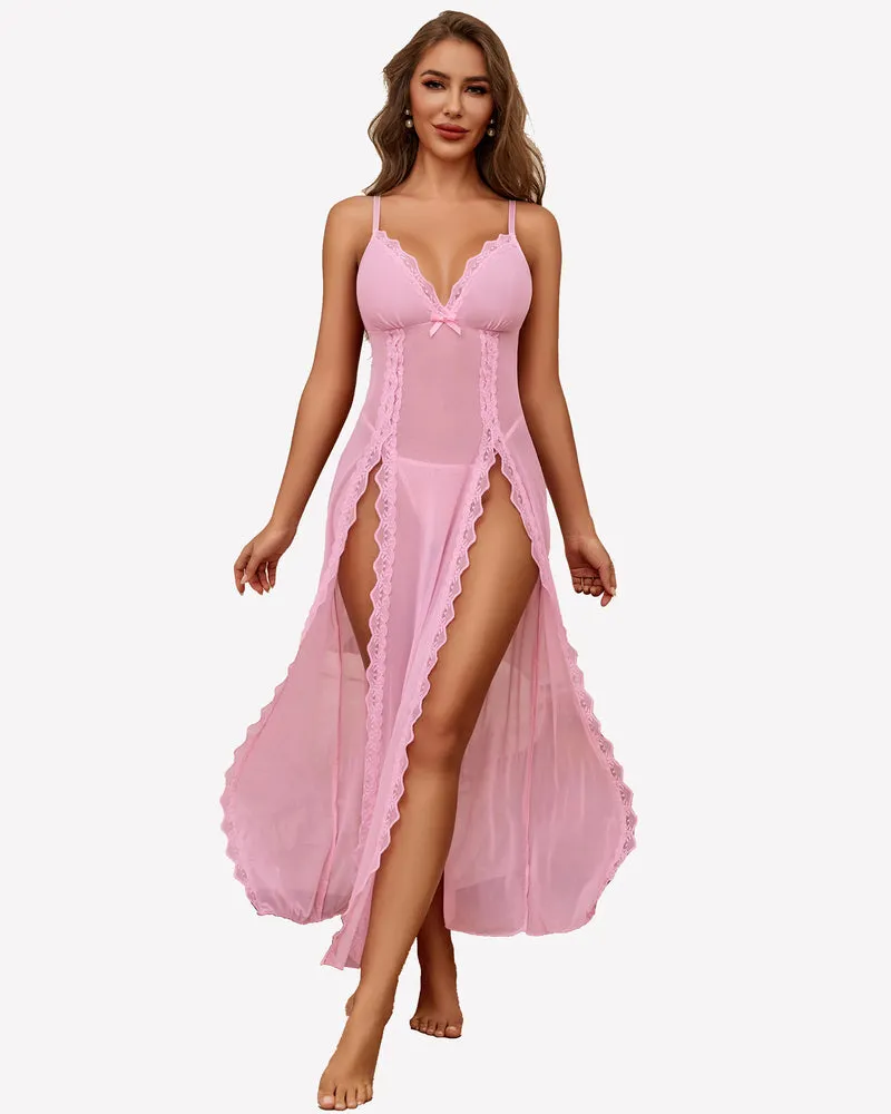 Lace Mesh Side Split Chemise Nightgown