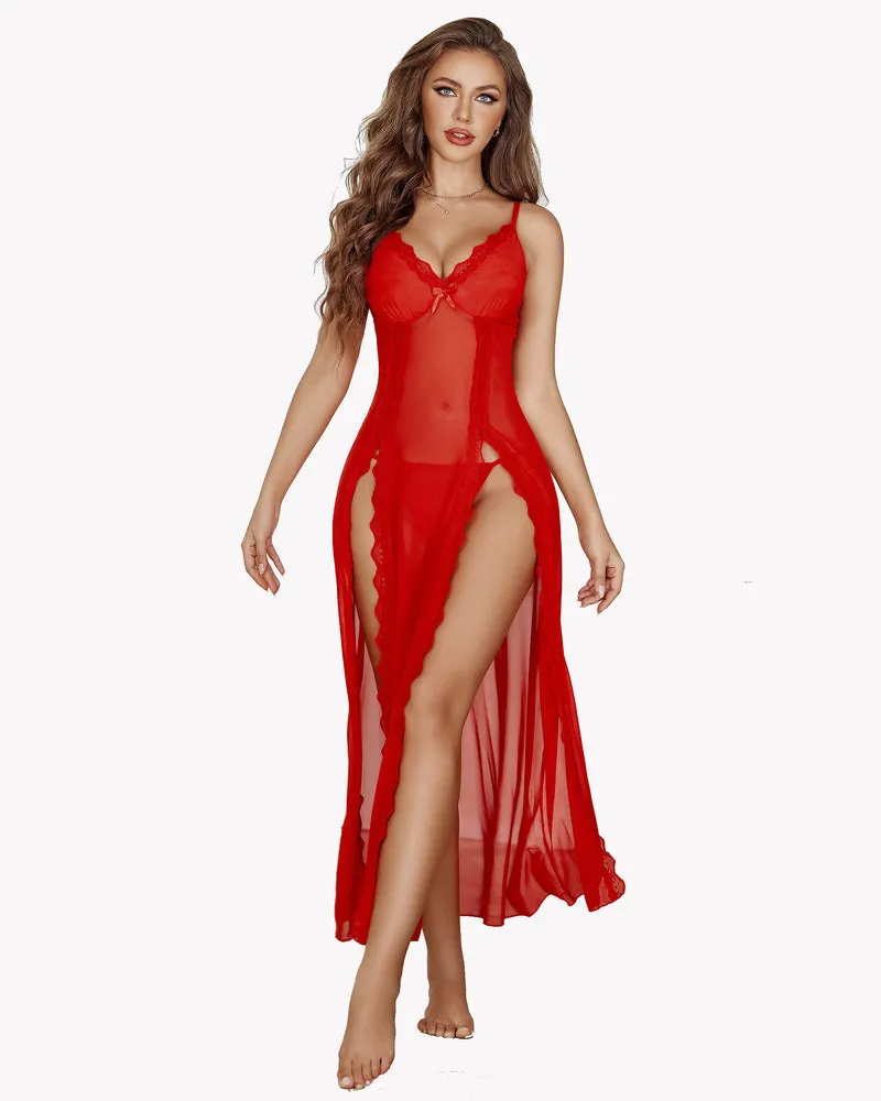 Lace Mesh Side Split Chemise Nightgown