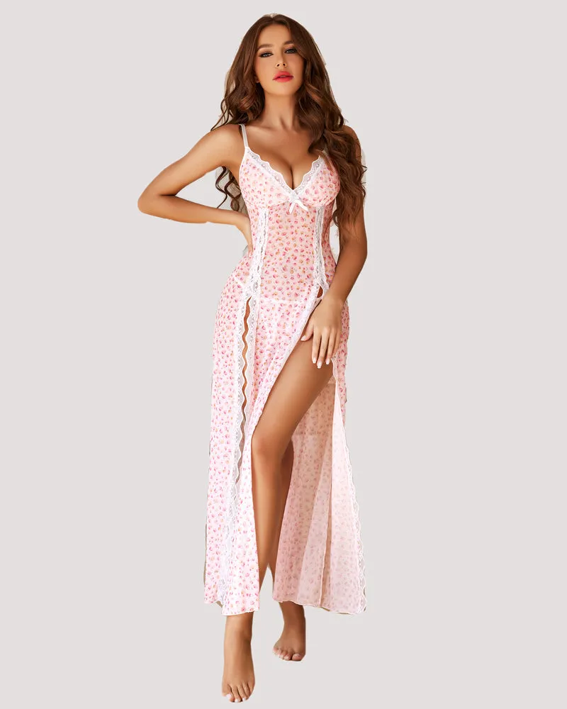 Lace Mesh Side Split Chemise Nightgown