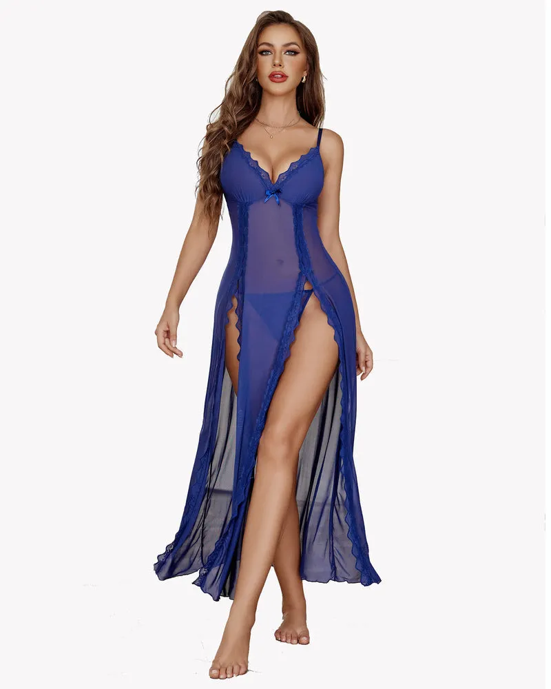 Lace Mesh Side Split Chemise Nightgown