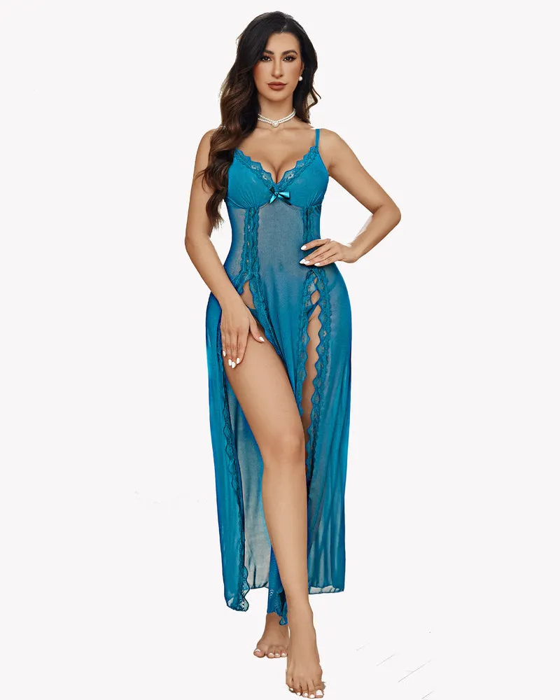 Lace Mesh Side Split Chemise Nightgown