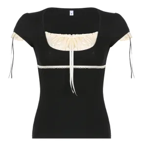 Lace Trim Ribbon-Tie Puff Sleeve Top