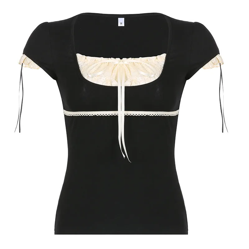 Lace Trim Ribbon-Tie Puff Sleeve Top