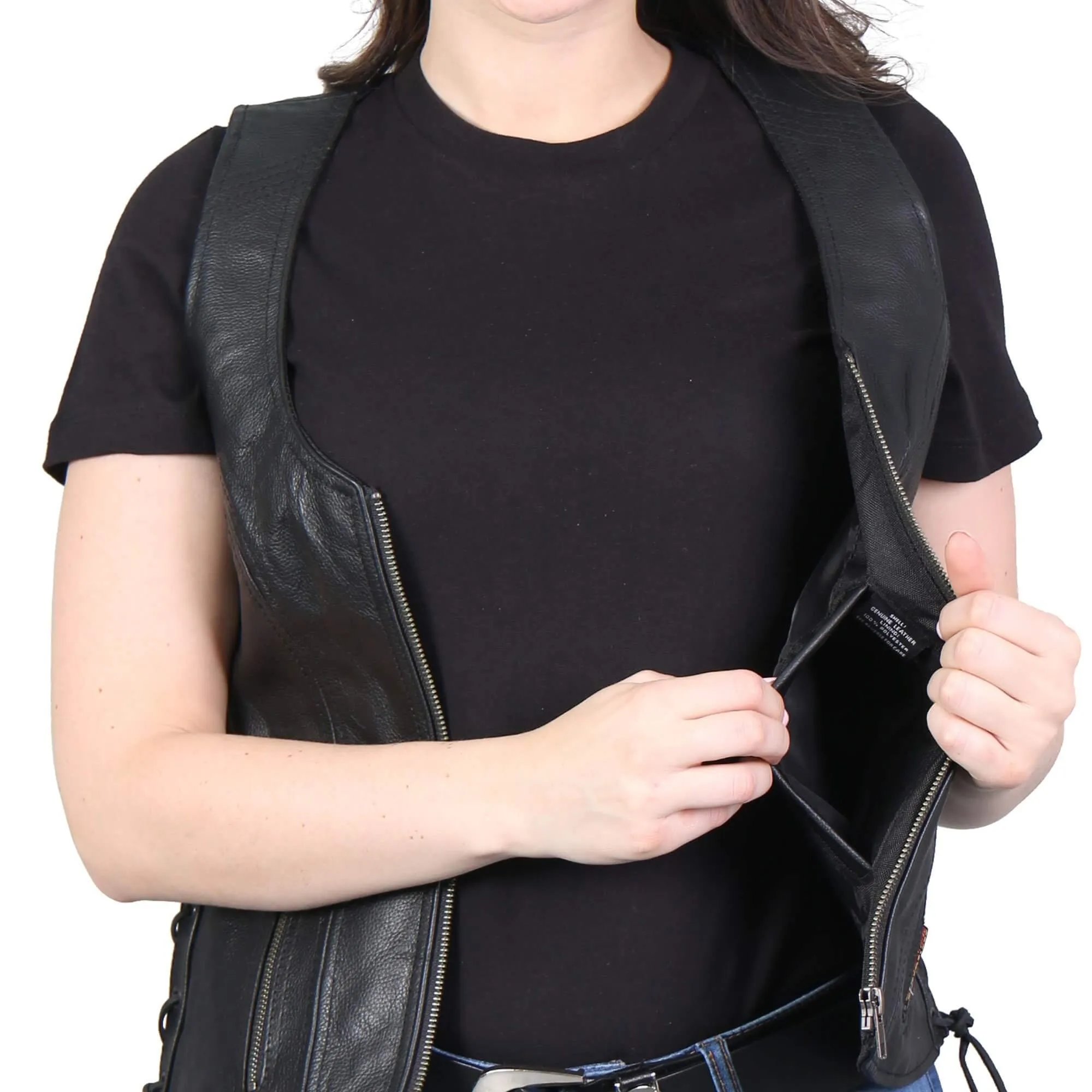 Ladies Side Lace Zip Up Leather Vest, VSL1013-HL