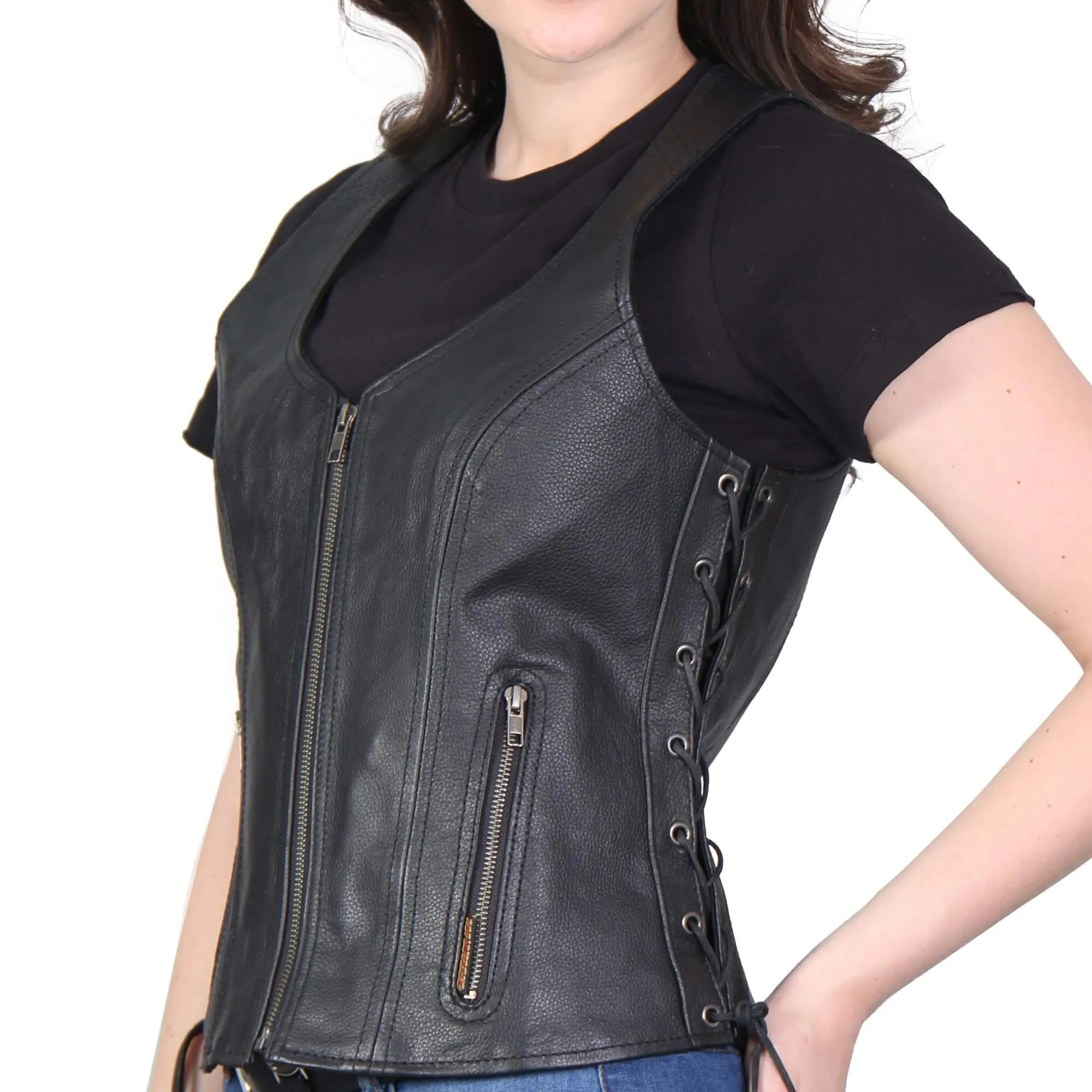 Ladies Side Lace Zip Up Leather Vest, VSL1013-HL