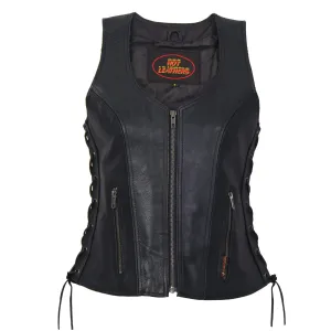 Ladies Side Lace Zip Up Leather Vest, VSL1013-HL