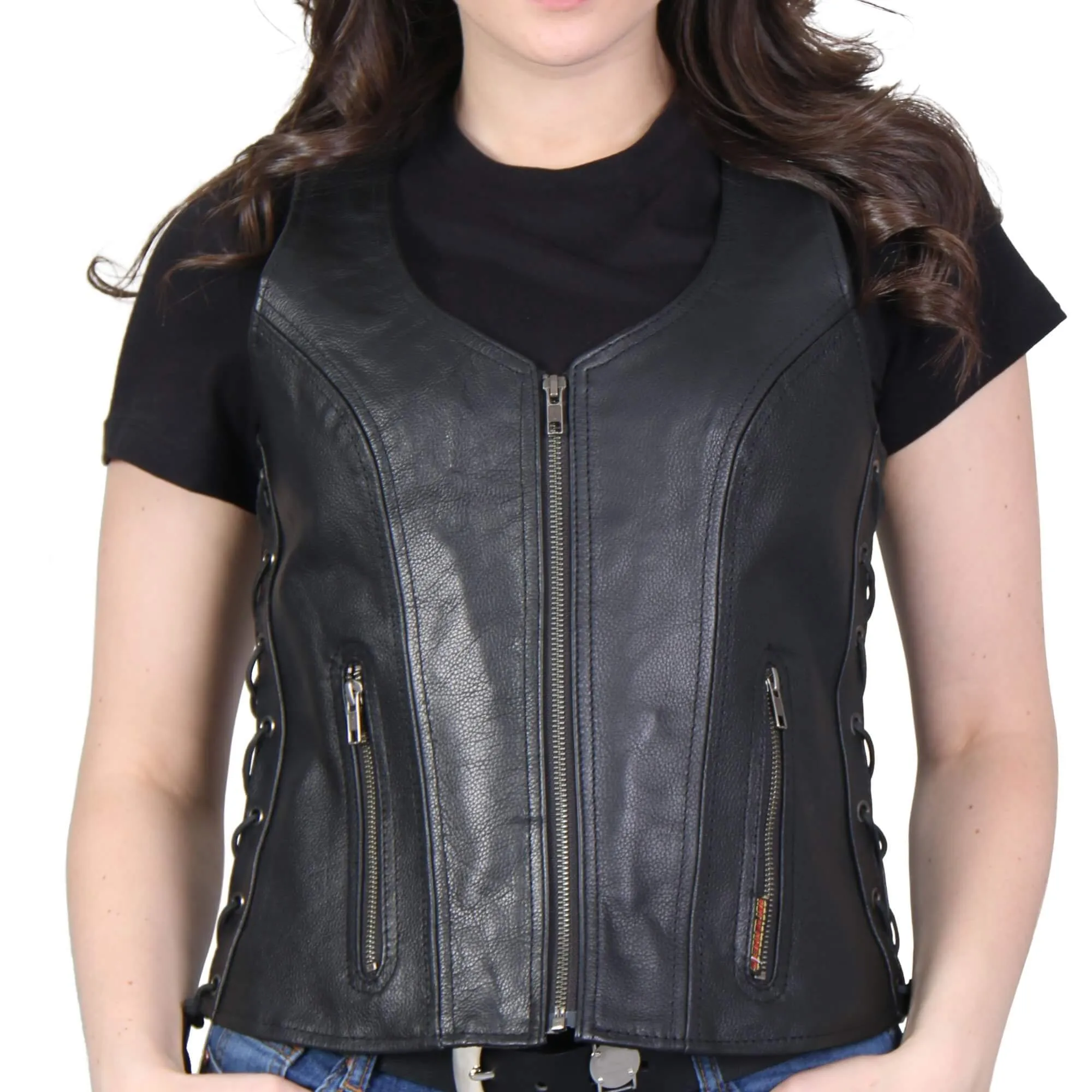 Ladies Side Lace Zip Up Leather Vest, VSL1013-HL