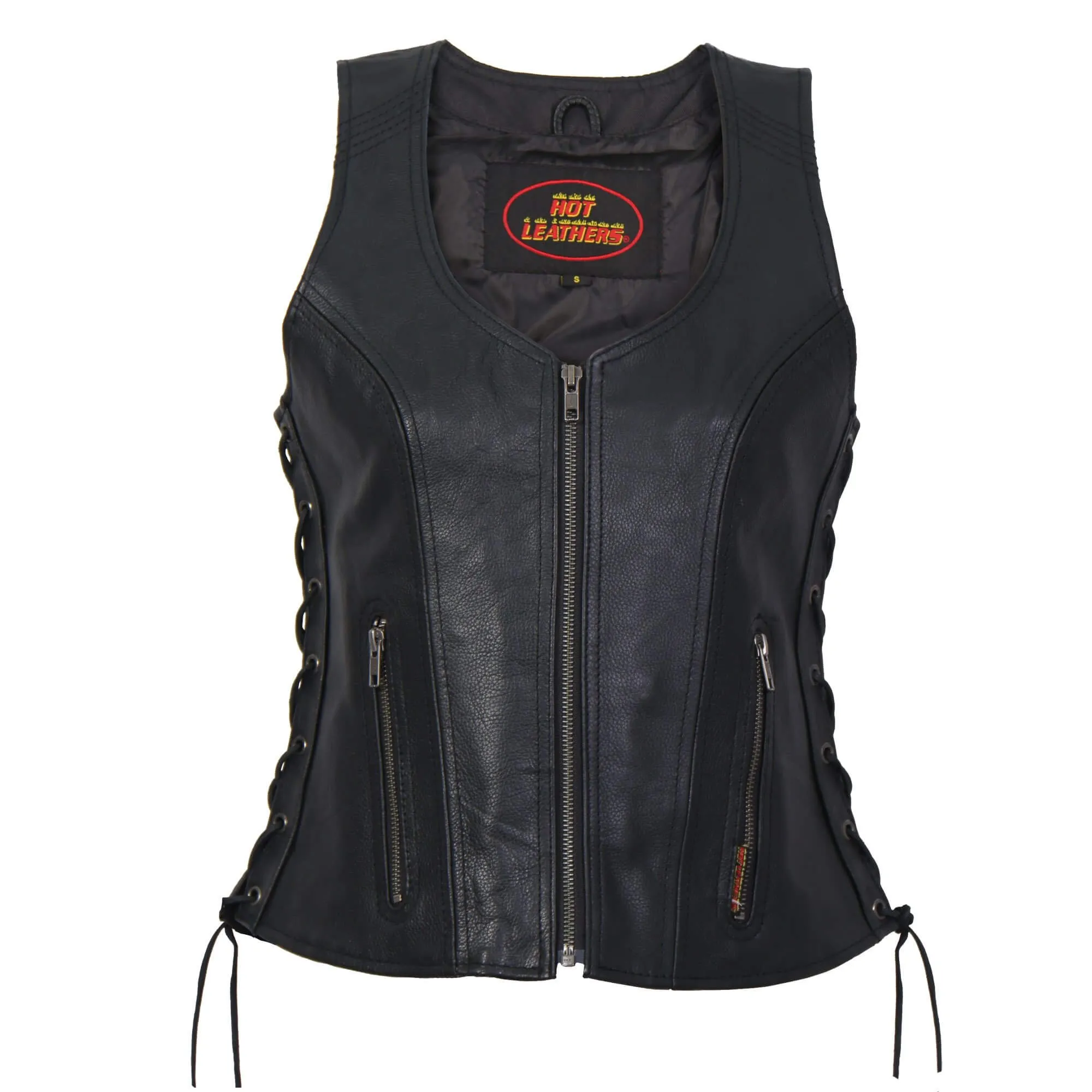 Ladies Side Lace Zip Up Leather Vest, VSL1013-HL