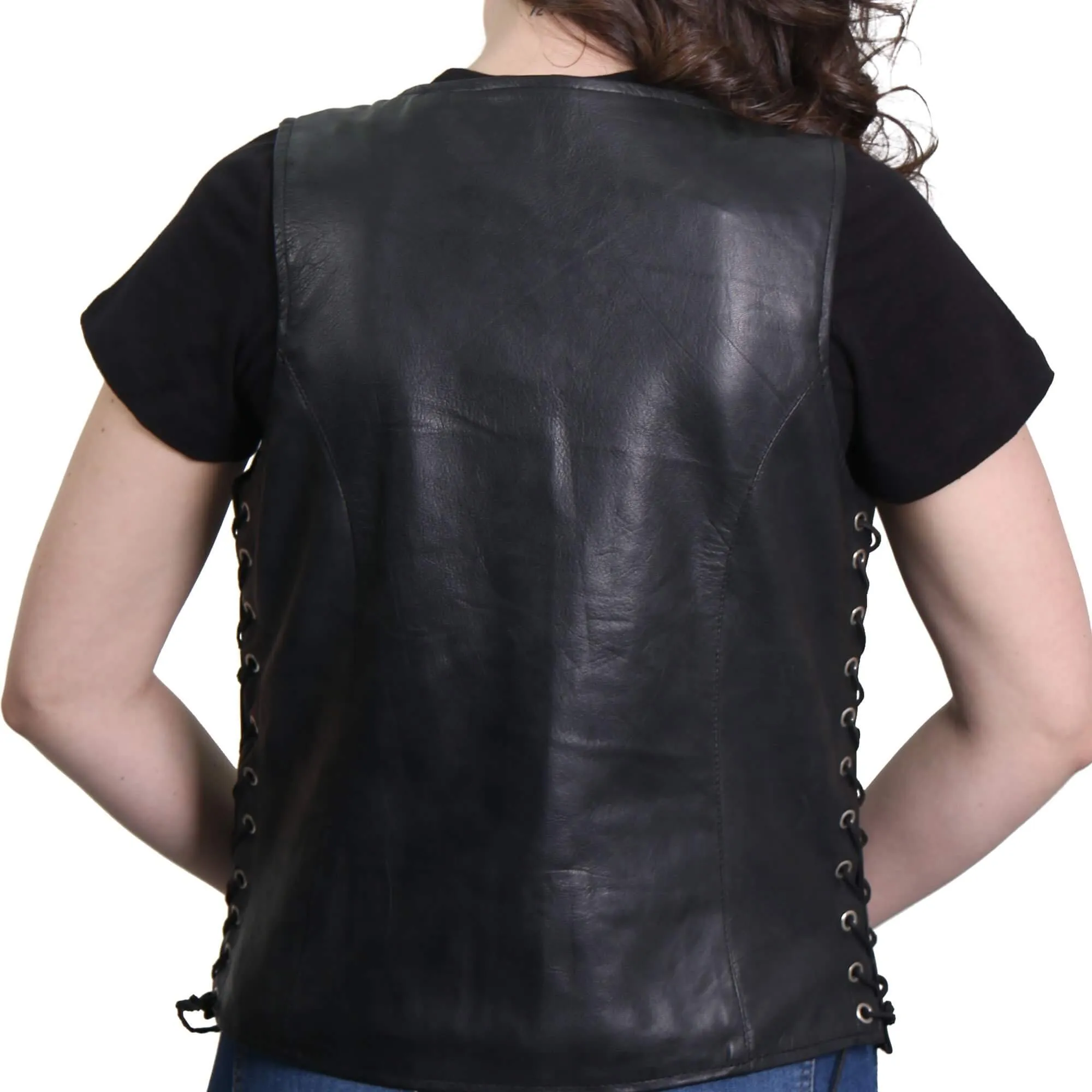 Ladies Side Lace Zip Up Leather Vest, VSL1013-HL