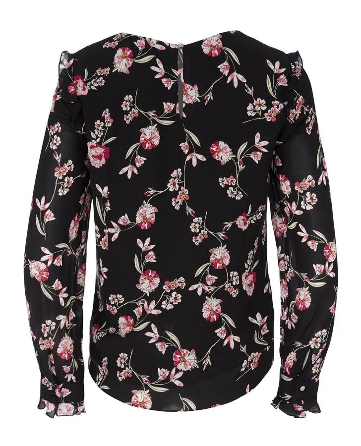 Long Sleeve Ruffle Bib Print Blouse