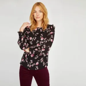 Long Sleeve Ruffle Bib Print Blouse