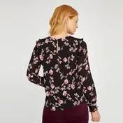 Long Sleeve Ruffle Bib Print Blouse