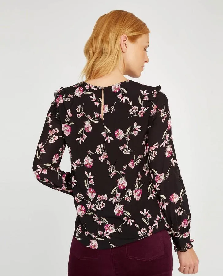 Long Sleeve Ruffle Bib Print Blouse