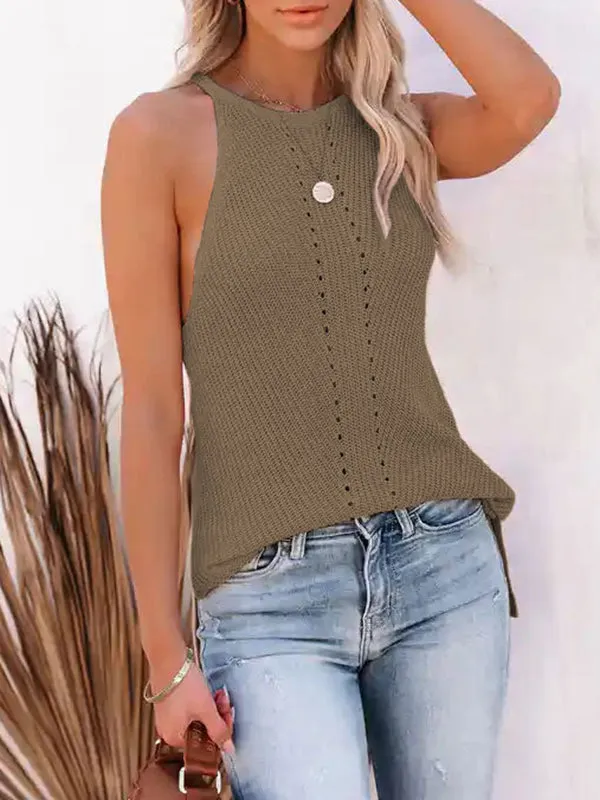 Loose Sleeveless Hollow Solid Color Spaghetti-Neck Vest Top