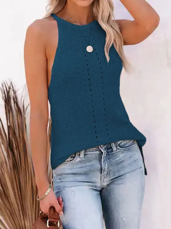 Loose Sleeveless Hollow Solid Color Spaghetti-Neck Vest Top