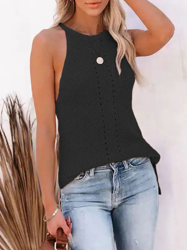 Loose Sleeveless Hollow Solid Color Spaghetti-Neck Vest Top