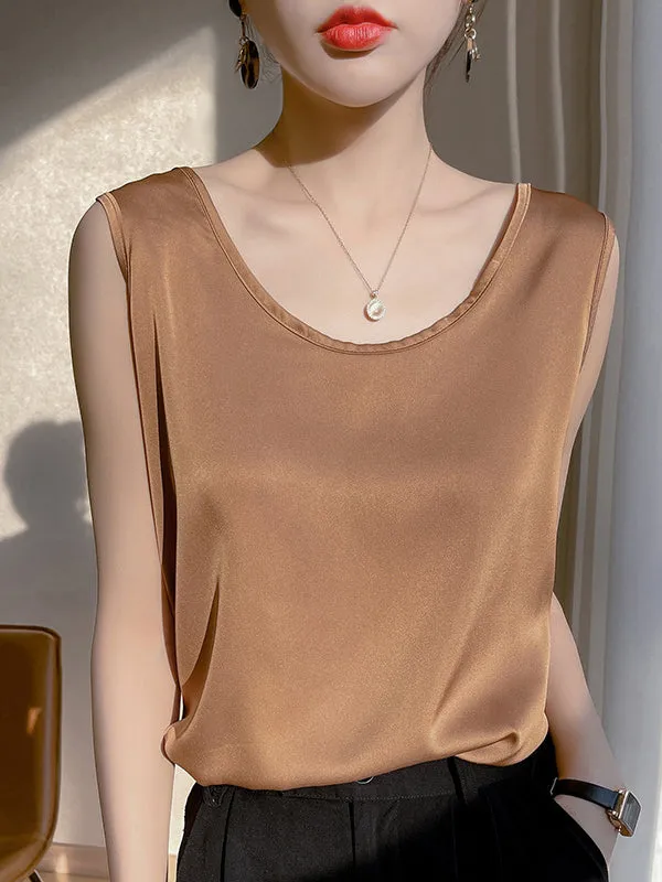 Loose Sleeveless Solid Color Round-Neck Vest Top