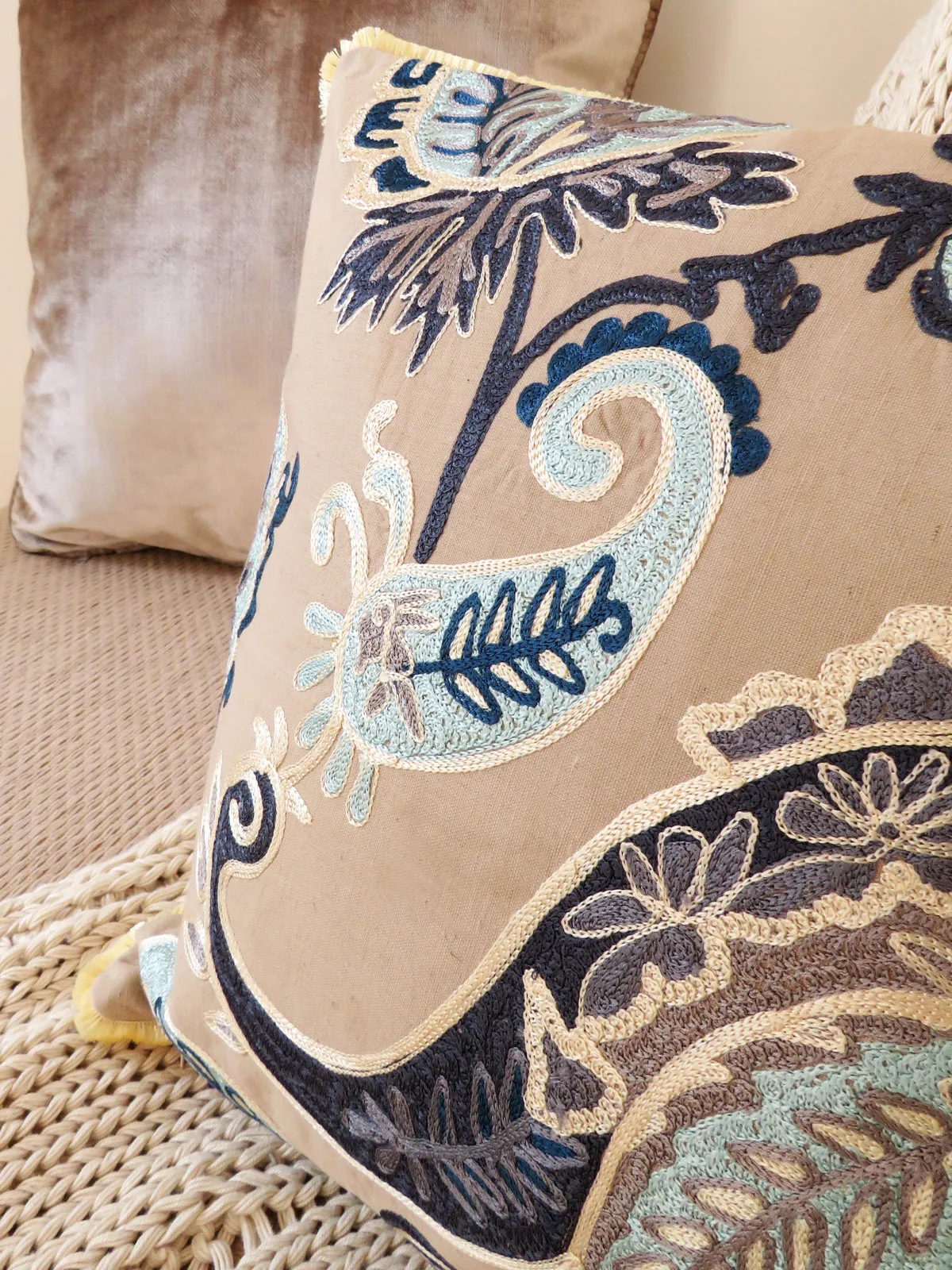 Luxury Blue Paisley Cotton Cushion Cover