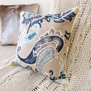 Luxury Blue Paisley Cotton Cushion Cover