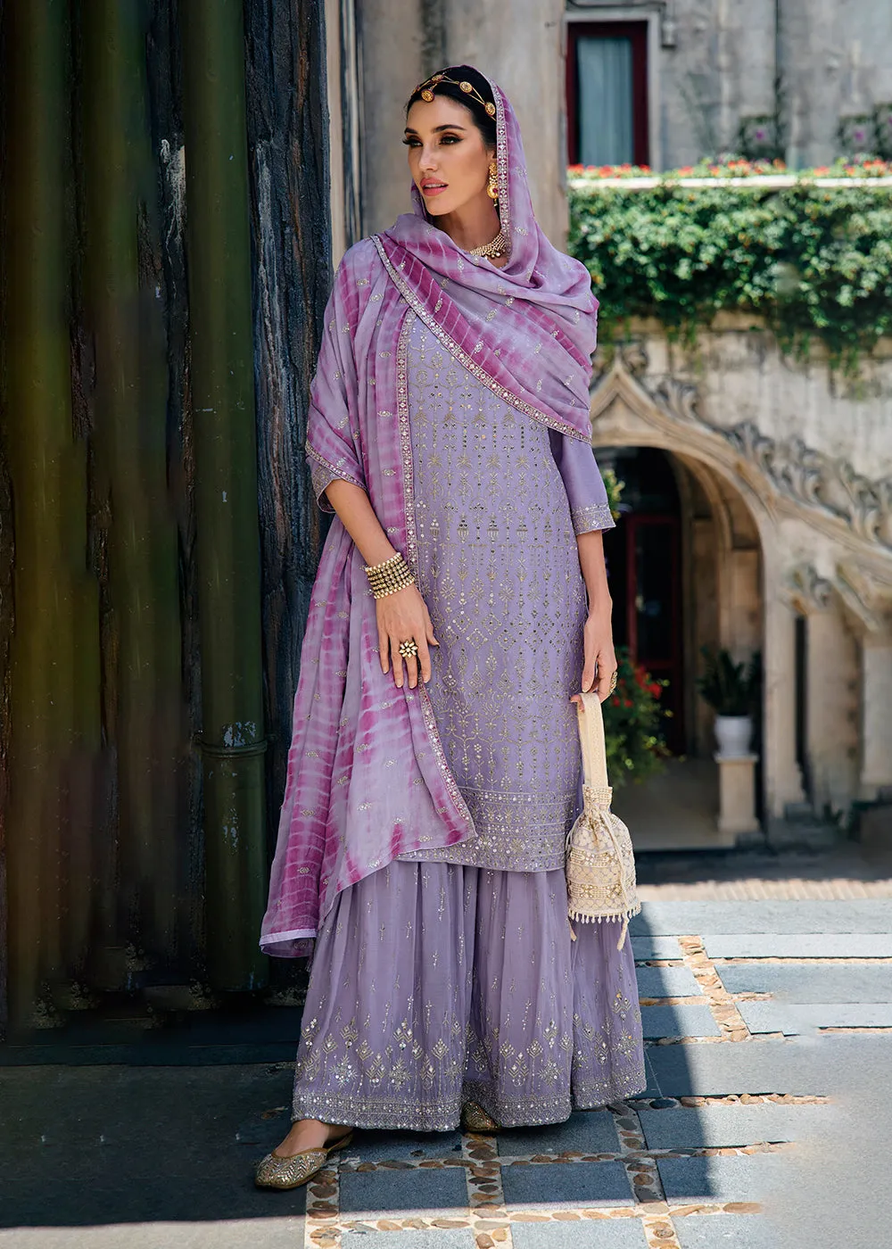 Majestic Lavender Heavy Chinnon Khatli Embroidered Palazzo Suit