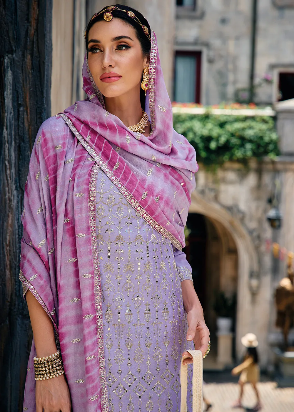 Majestic Lavender Heavy Chinnon Khatli Embroidered Palazzo Suit