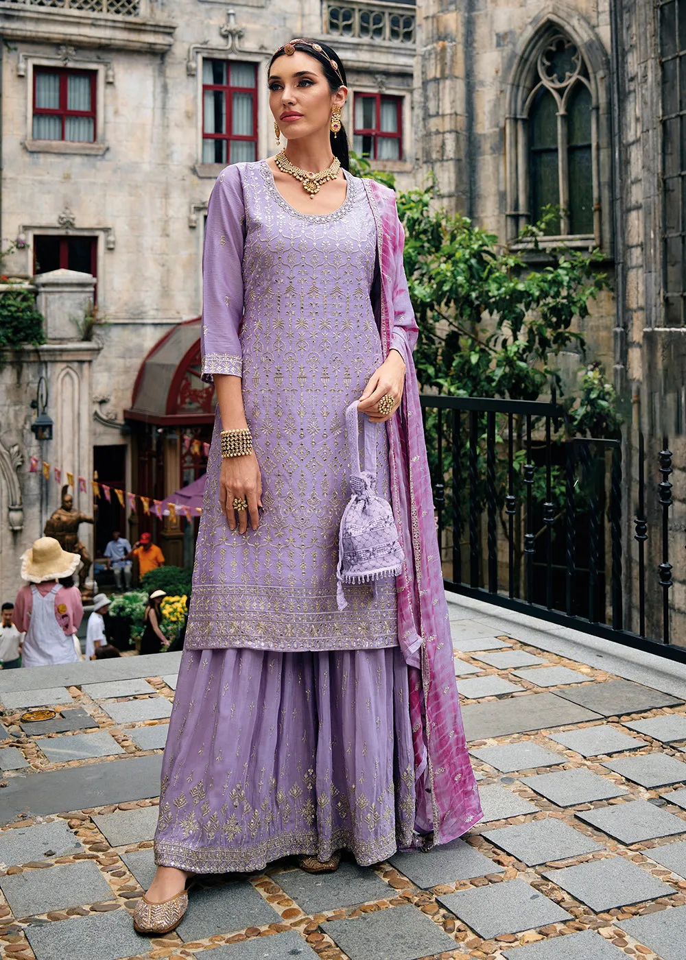 Majestic Lavender Heavy Chinnon Khatli Embroidered Palazzo Suit