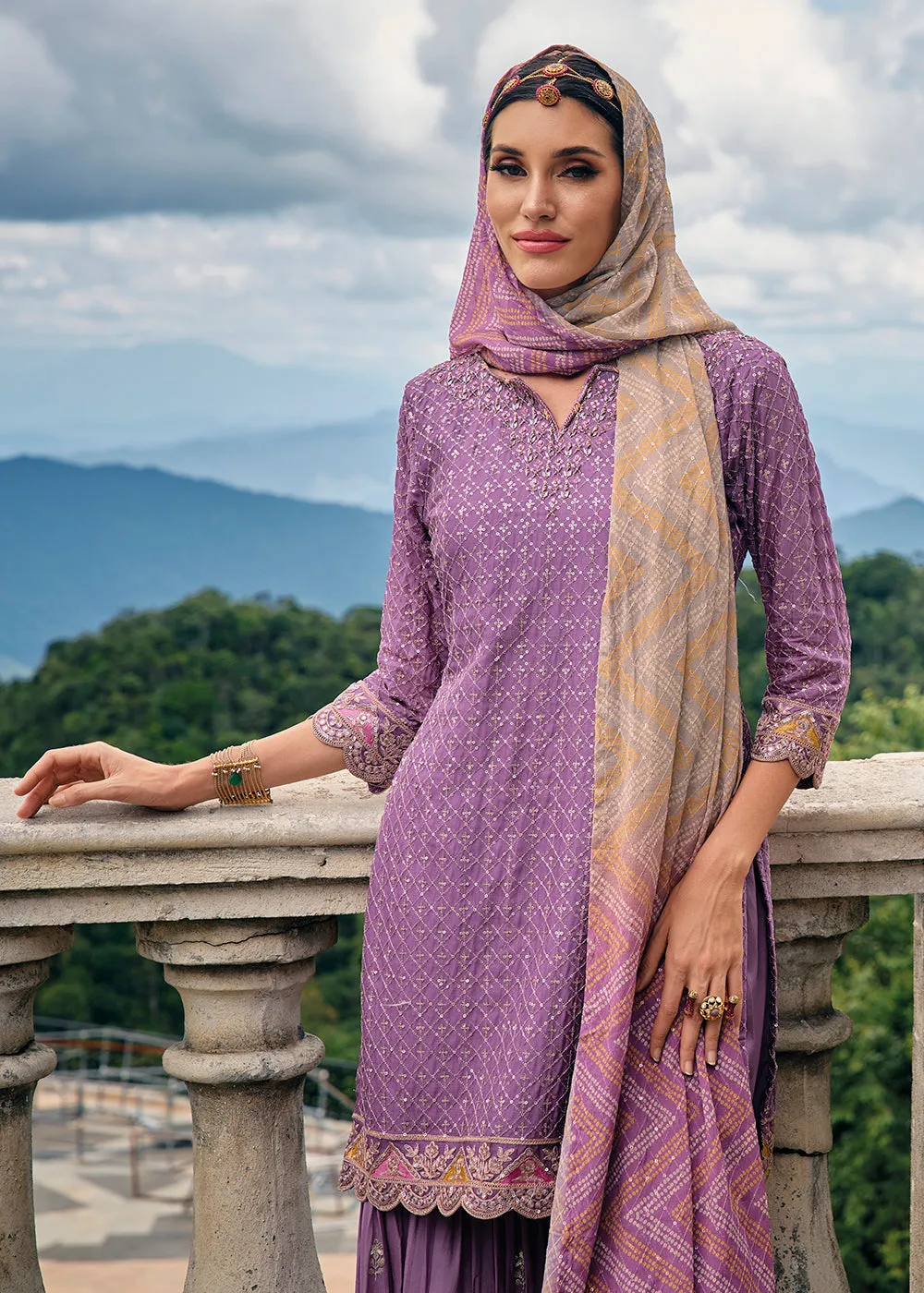 Majestic Lavender Heavy Chinnon Khatli Embroidered Palazzo Suit