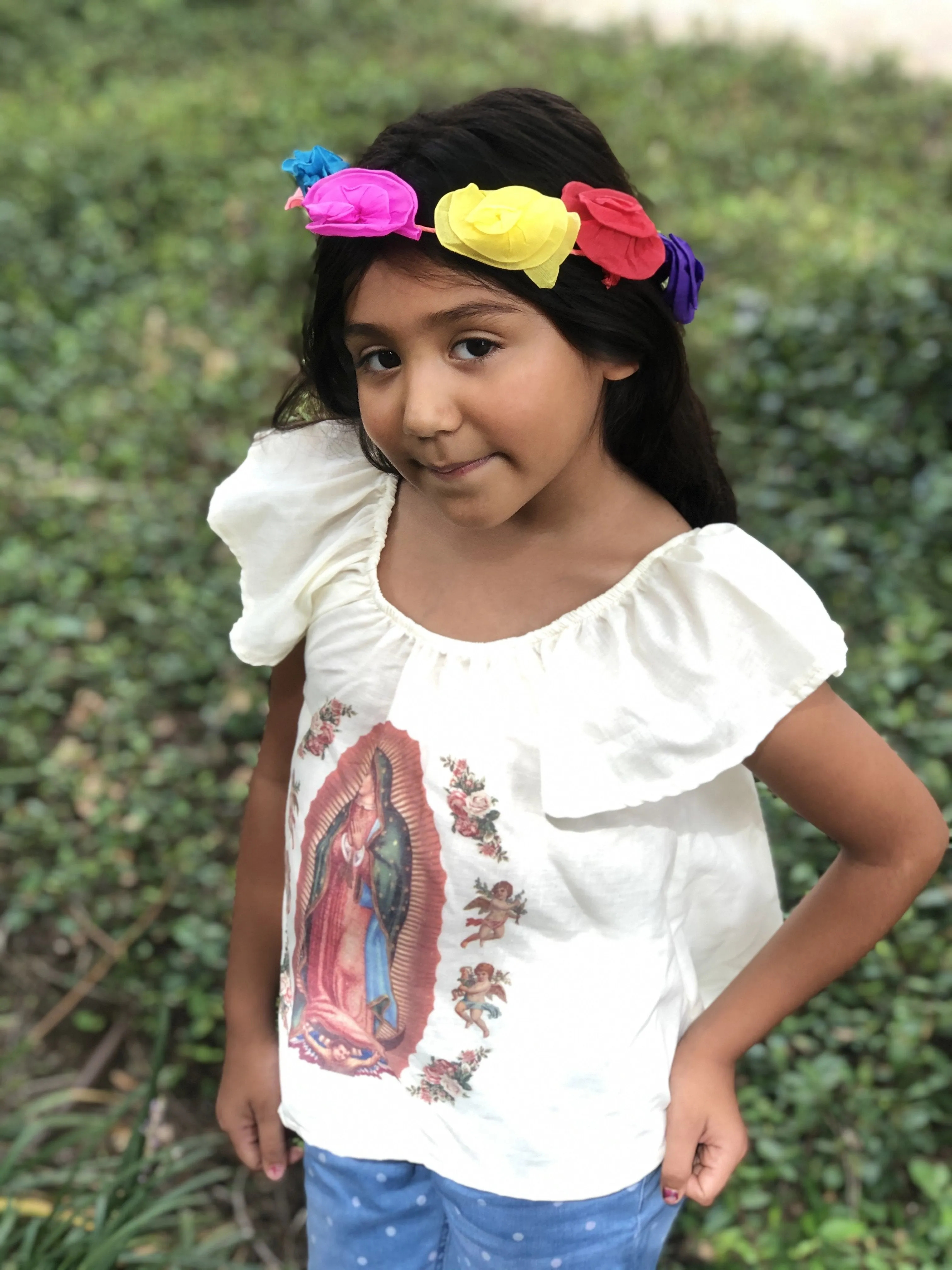 Mexican Printed Virgencita Cream Top for Girls