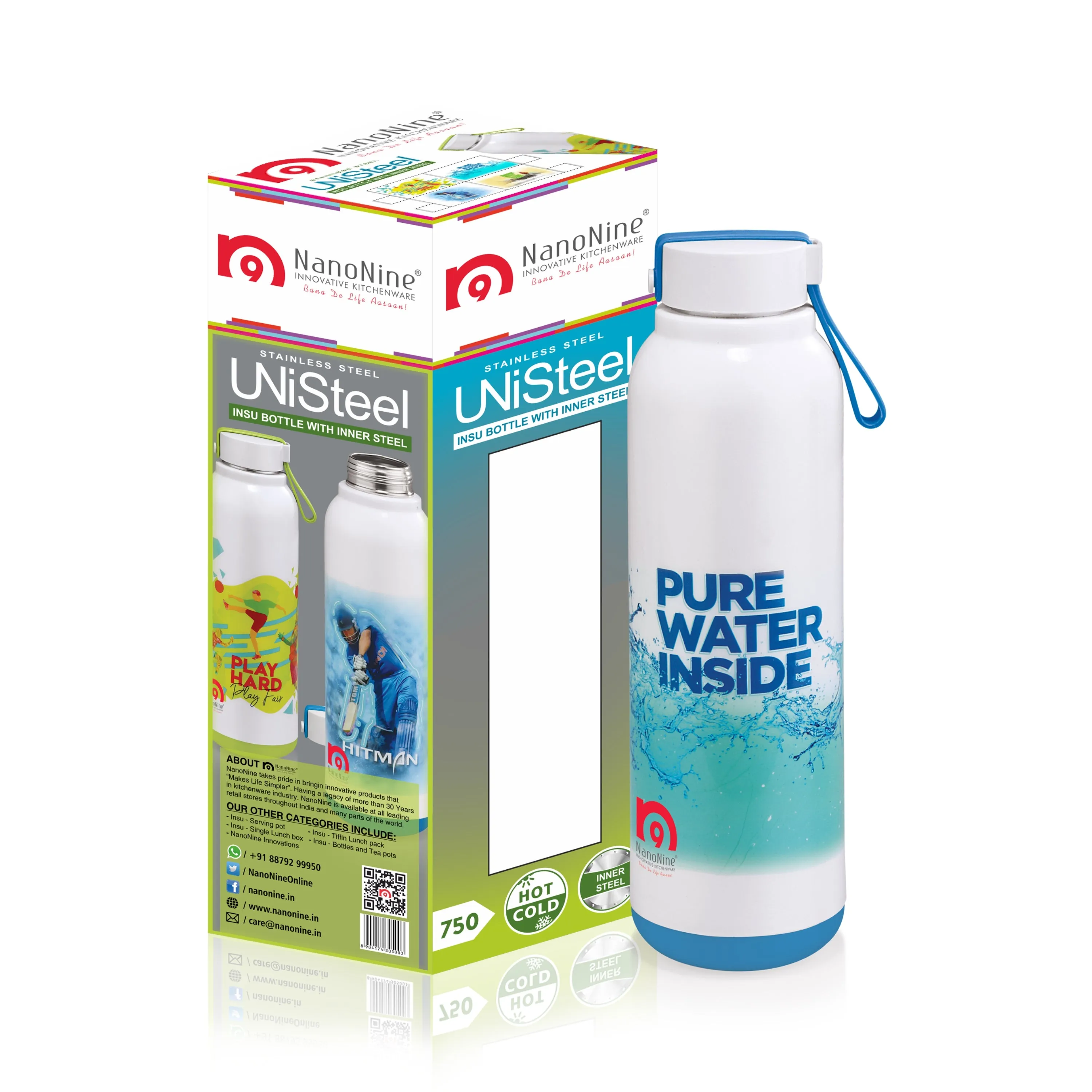 NanoNine Uni Steel 700ml (Pure Water Inside Blue) Double Wall Insulated Stainless Steel Bottle.