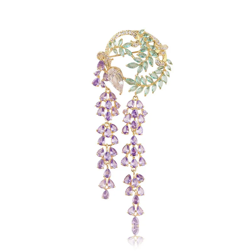 Nature Inspired Romantic Purple Wisteria Exquisite Crystal Tassel Brooch Pin Jewelry Gift