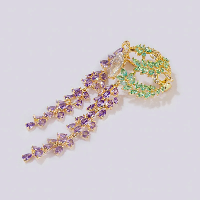 Nature Inspired Romantic Purple Wisteria Exquisite Crystal Tassel Brooch Pin Jewelry Gift