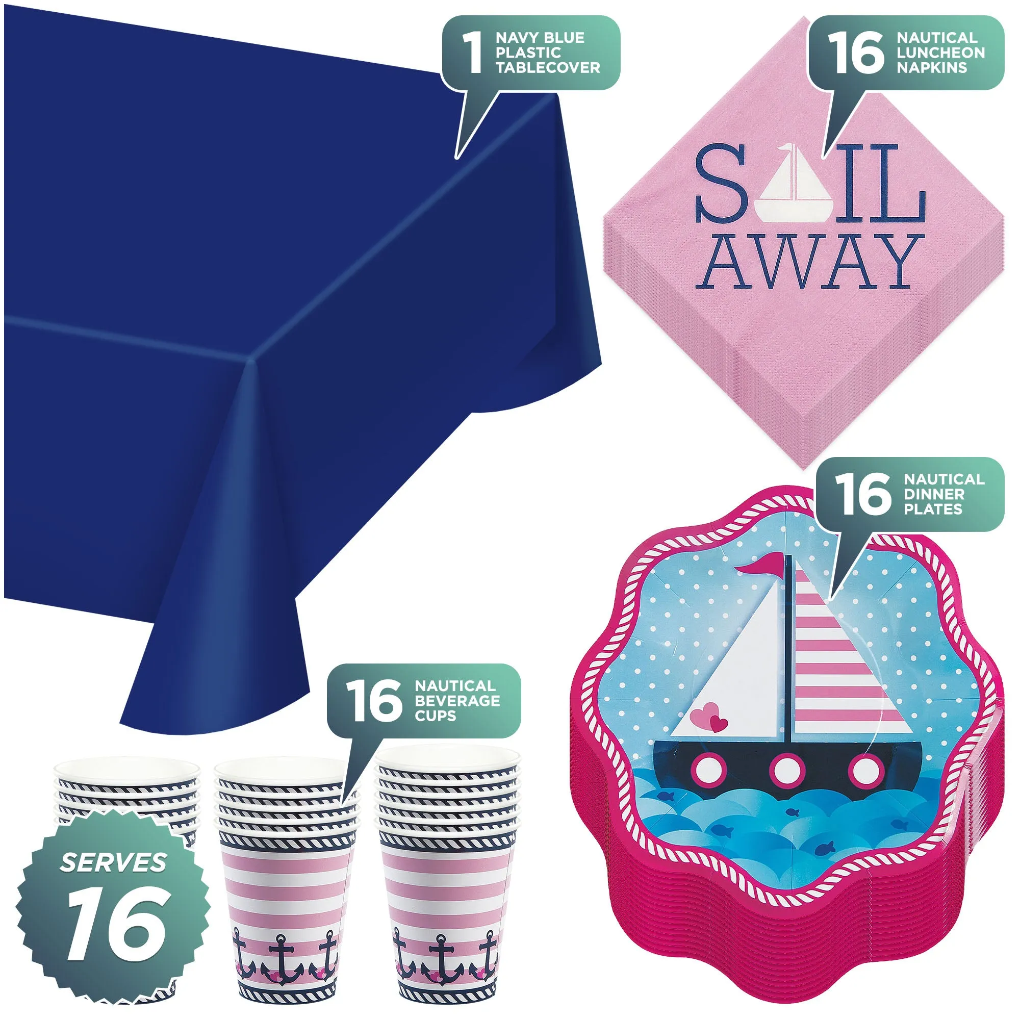 Nautical Girl Party Pack - Paper Plates, Napkins, Table Cover, and Cups (16 Plates, Napkins, & Cups)