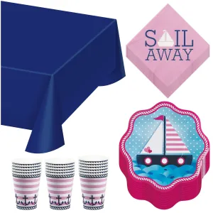 Nautical Girl Party Pack - Paper Plates, Napkins, Table Cover, and Cups (16 Plates, Napkins, & Cups)