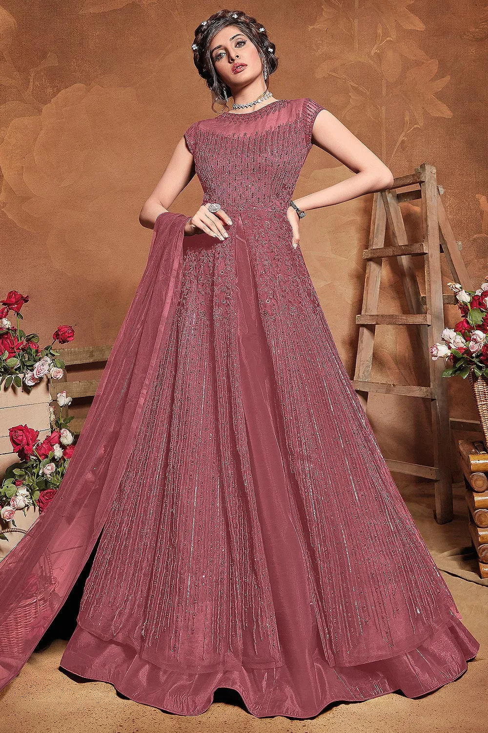 Outstanding Pink Net Embroidered Floor Length Anarkali Suit