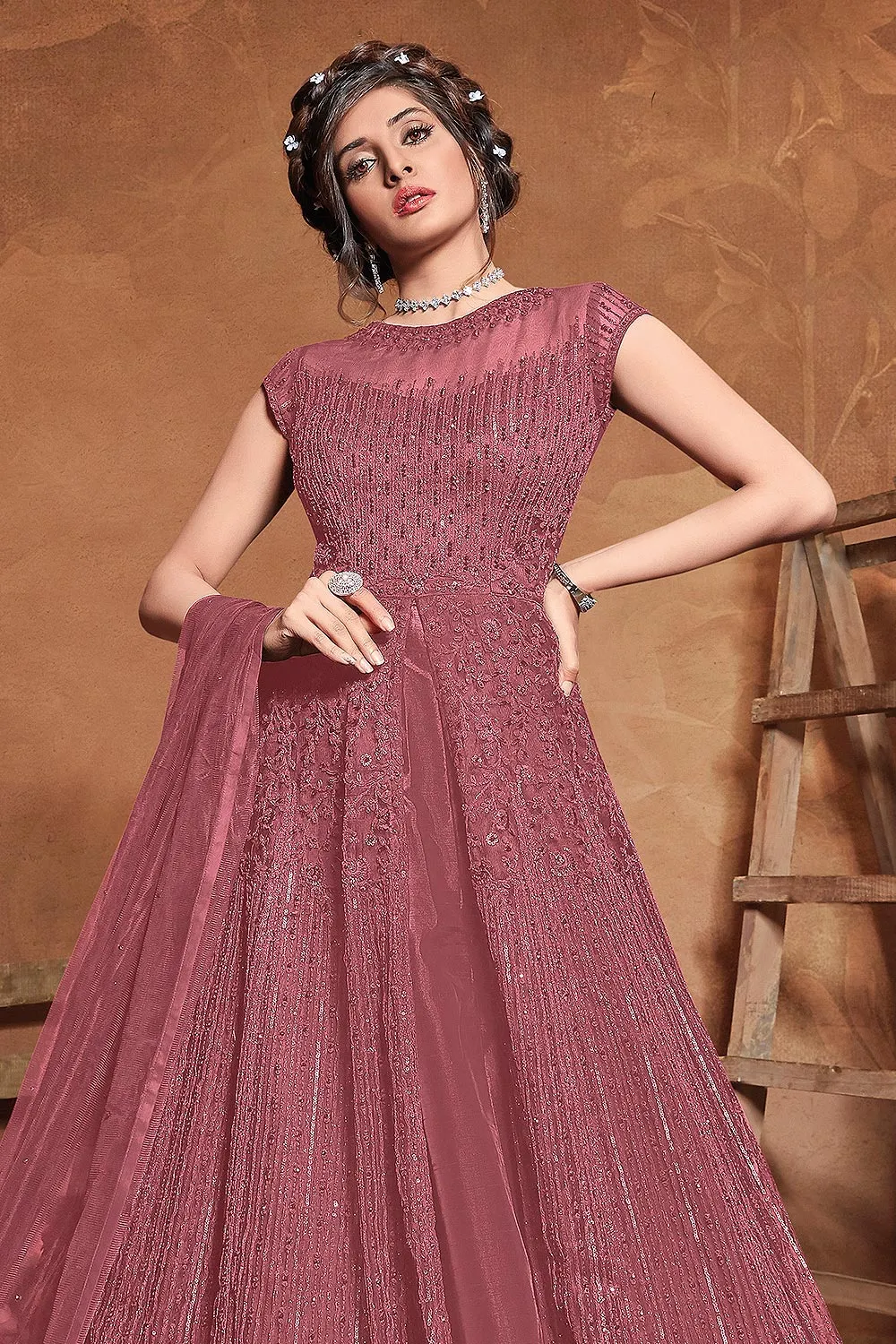 Outstanding Pink Net Embroidered Floor Length Anarkali Suit