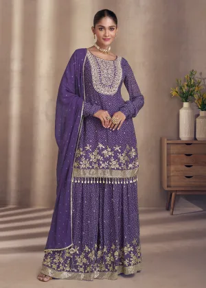 Purple Embroidered Georgette Designer Sharara Suit