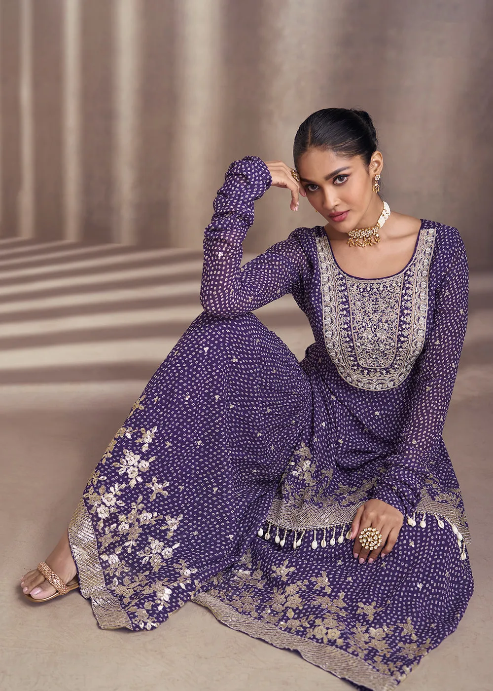 Purple Embroidered Georgette Designer Sharara Suit