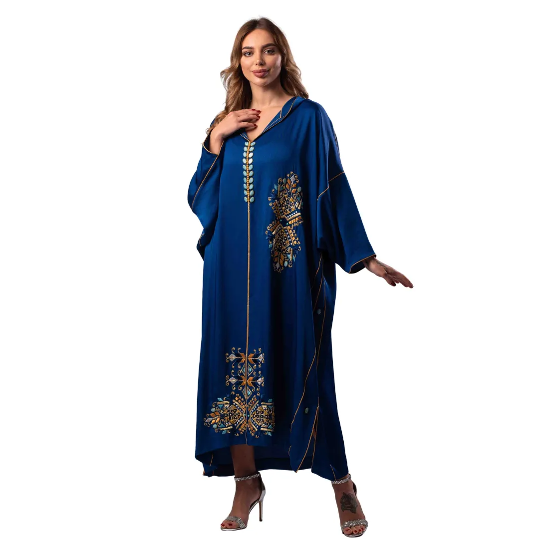 Rima Moroccan Jalabiya Women Embroidery Crepe Blue