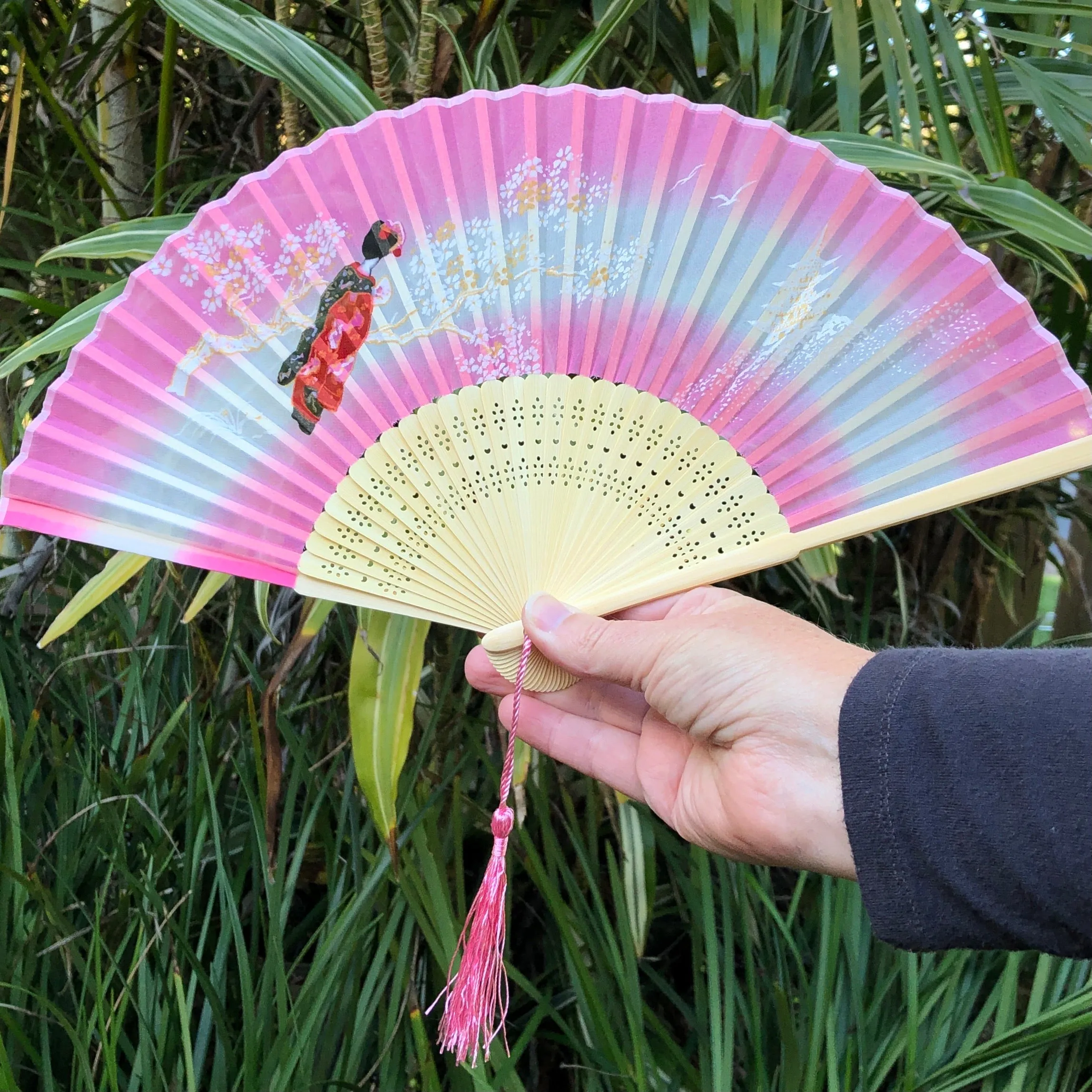 SALE - Luxury Sheer Silk Hand Fan - Blossoms, pagoda, lady