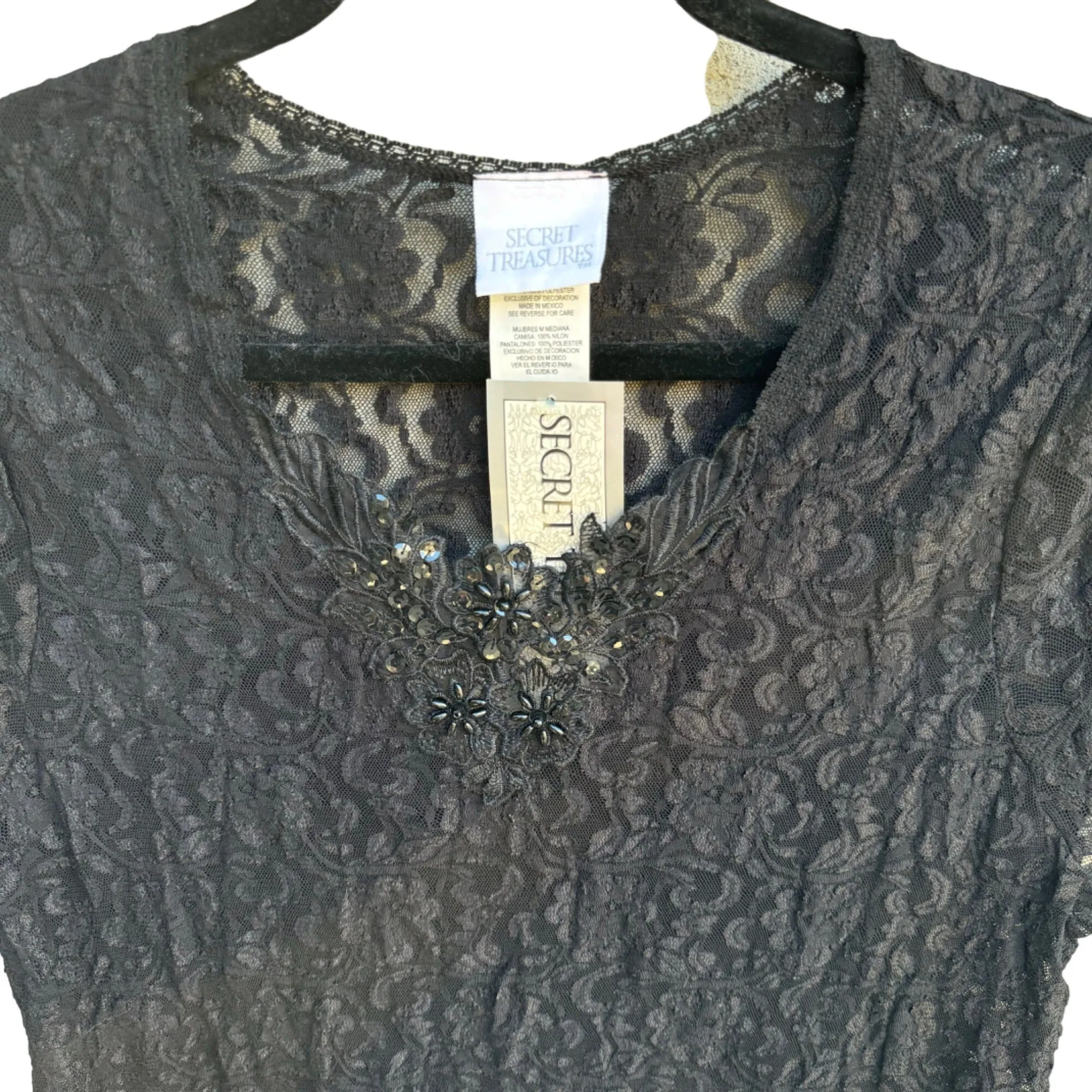 Secret Treasures Womens Black Sheer Lace Sequined Floral Detail Blouse - New - M