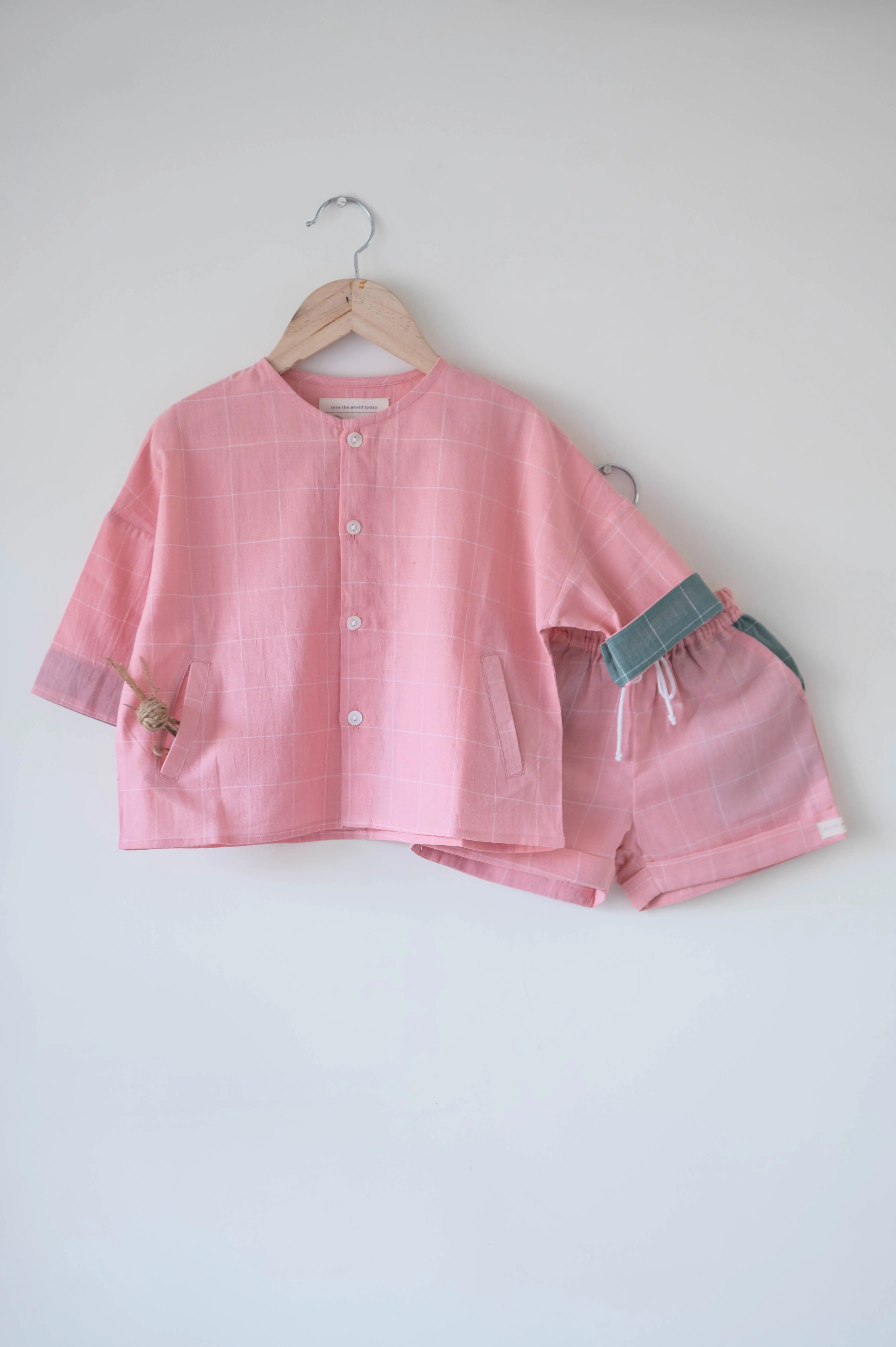 Shared secrets’ unisex full sleeve kimono shirt and shorts co-ord in peach pink handwoven cotton checks