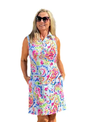 Sleeveless Polo-Collar Dress with UPF50  White Multi Flowers